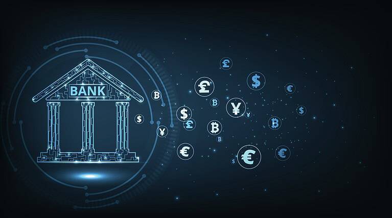 Isometric Illustration Of Bank On Dark Blue Technology