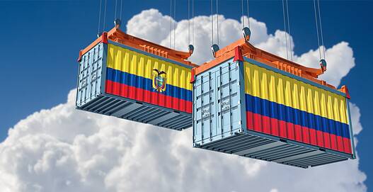 Cargo containers with Ecuador and Colombia national flags.