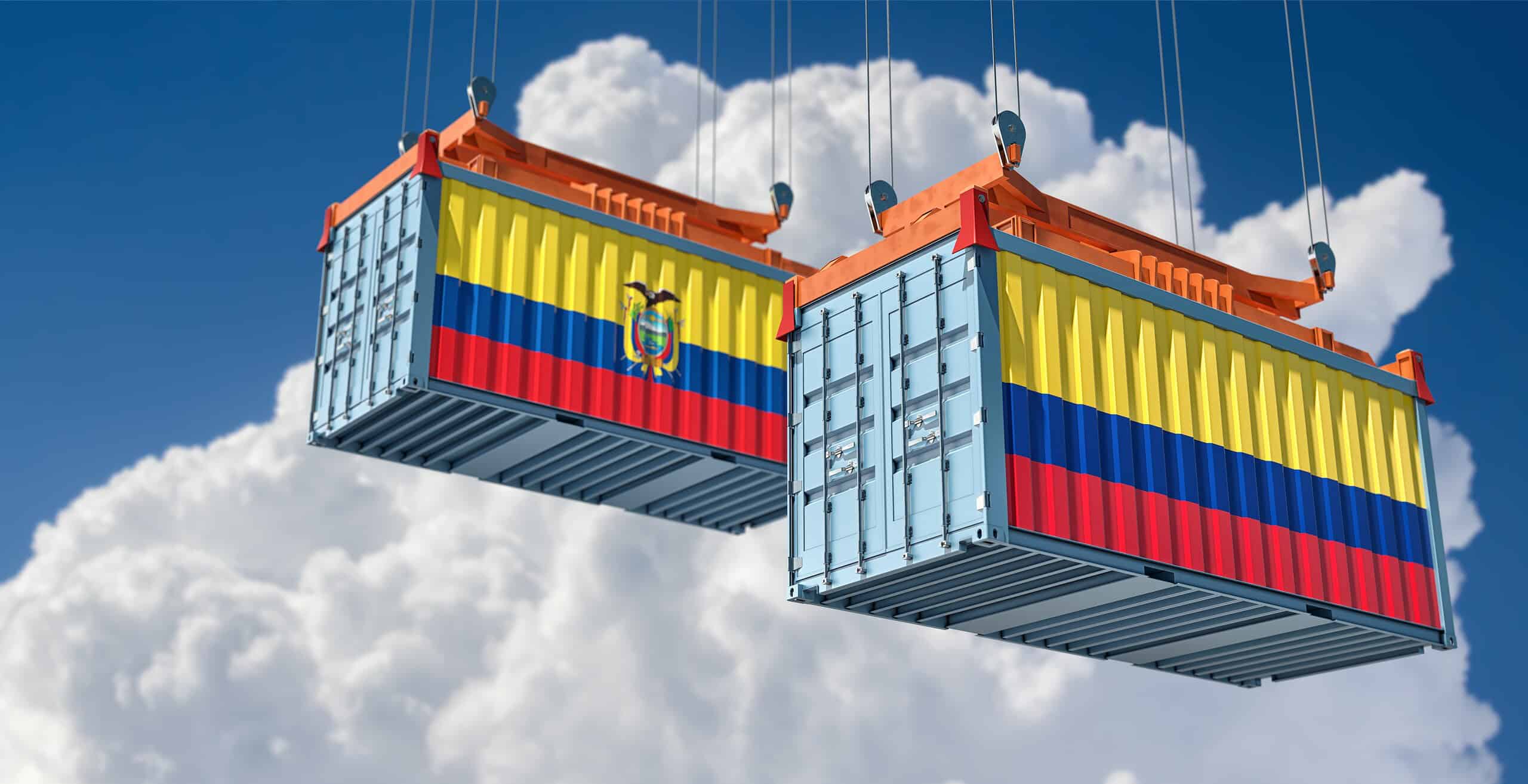 Cargo containers with Ecuador and Colombia national flags.