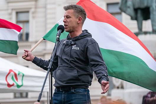 Hungarian Prime Minister Peter Magyar, leader of the Hungarian opposition and Tisza party giving a speech.