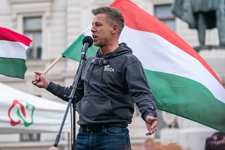 Hungarian Prime Minister Peter Magyar, leader of the Hungarian opposition and Tisza party giving a speech.