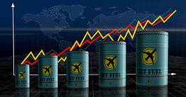 Jet fuel airplane oil barrels on growing chart. Aircraft petrol industrial metal containers with increase statistic diagram