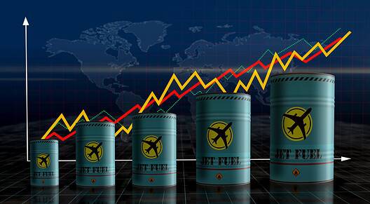 Jet fuel airplane oil barrels on growing chart. Aircraft petrol industrial metal containers with increase statistic diagram
