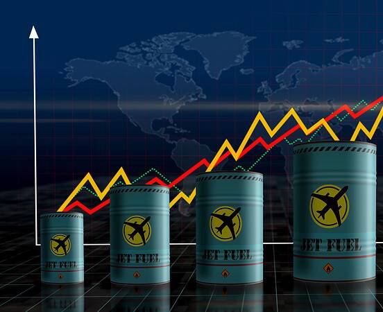 Jet fuel airplane oil barrels on growing chart. Aircraft petrol industrial metal containers with increase statistic diagram