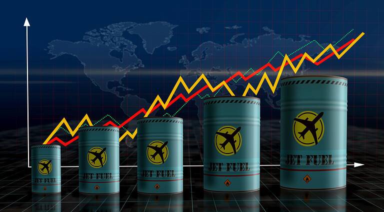 Jet fuel airplane oil barrels on growing chart. Aircraft petrol industrial metal containers with increase statistic diagram