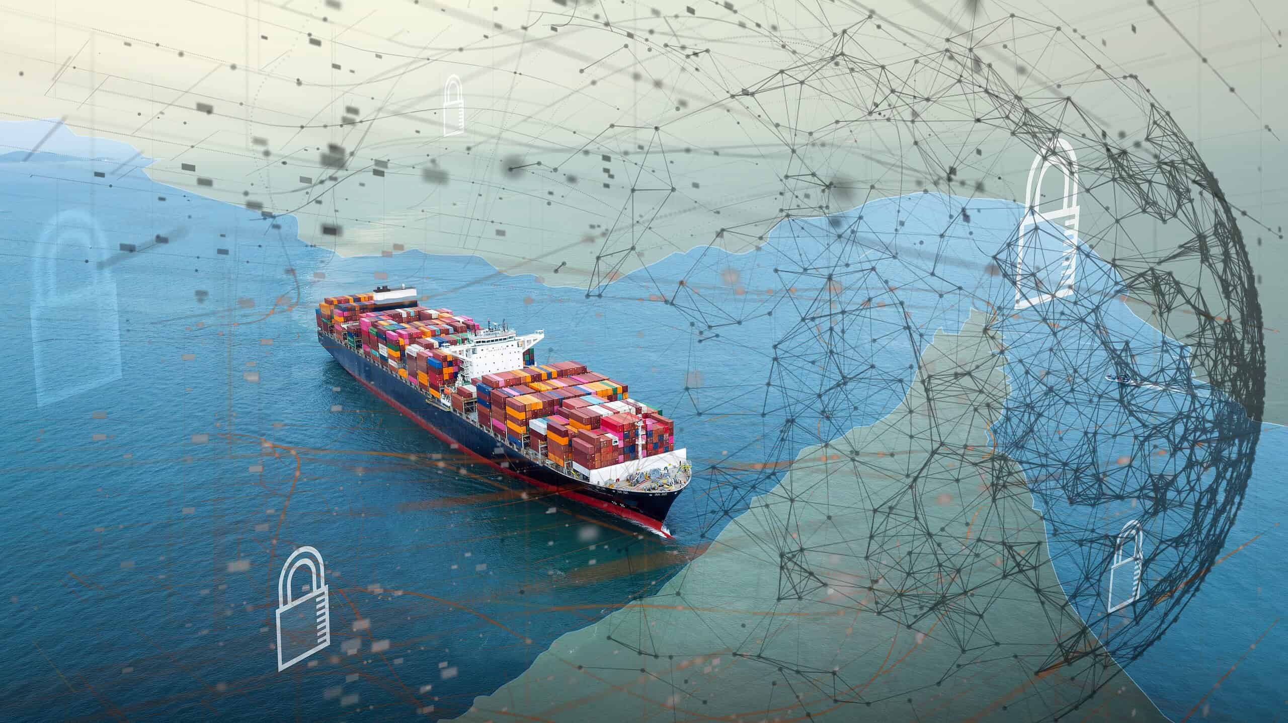Container Ship With Digital Security Lock And Network Overlay