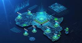 3D digital rendering of a glowing, circuit-board-style map of East Africa highlighting Kenya as a central technology hub