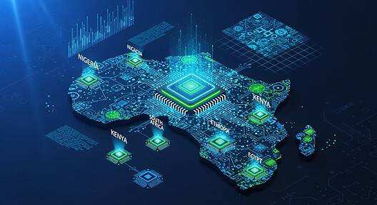 3D digital rendering of a glowing, circuit-board-style map of East Africa highlighting Kenya as a central technology hub