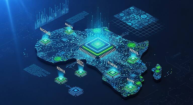 3D digital rendering of a glowing, circuit-board-style map of East Africa highlighting Kenya as a central technology hub