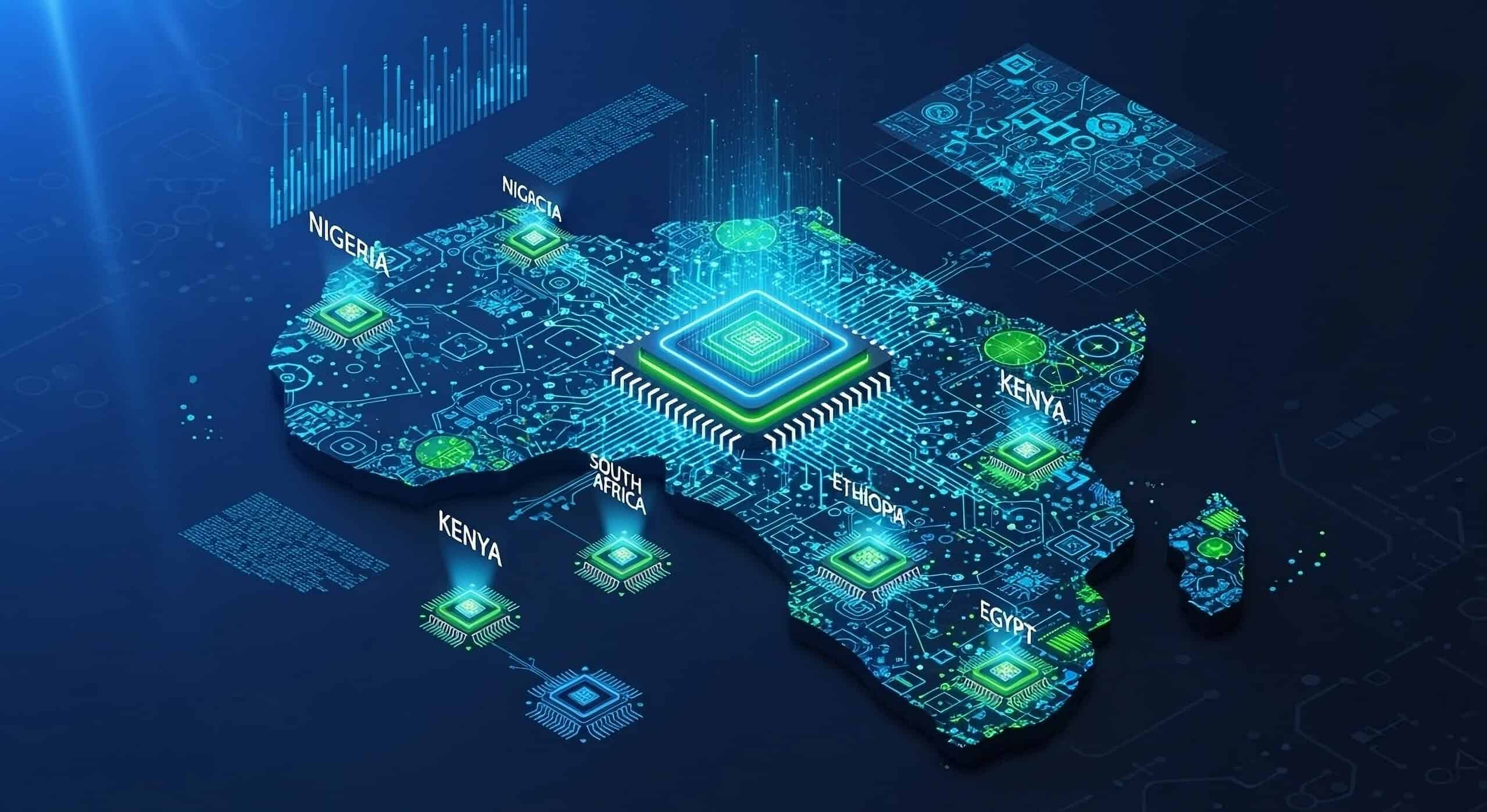 3D digital rendering of a glowing, circuit-board-style map of East Africa highlighting Kenya as a central technology hub