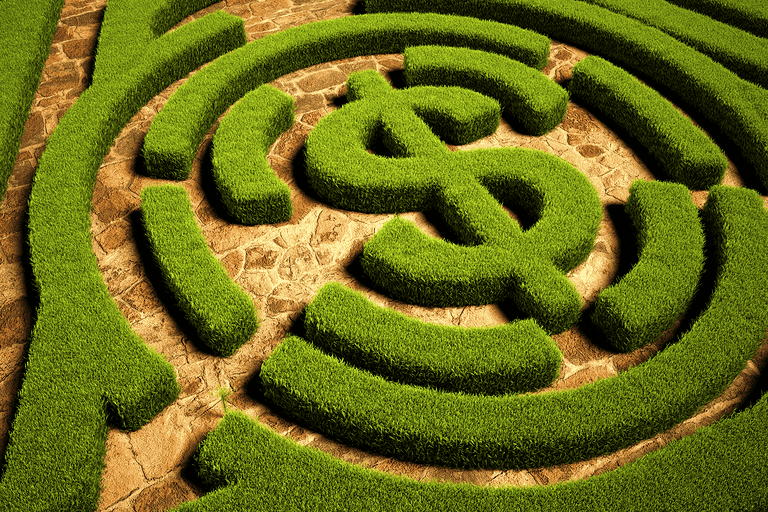 Maze with dollar sign made of green bushes on stone pathway.