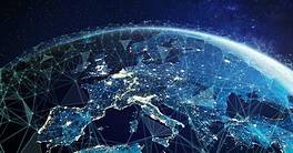 Telecommunication network above Europe viewed from space with connected system for European 5g LTE mobile web, global WiFi connection, Internet of Things (IoT) technology or blockchain fintech, 3d