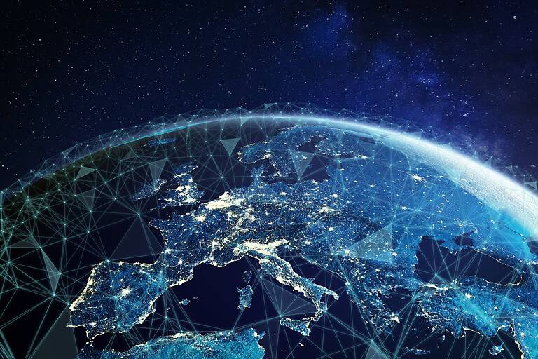 Telecommunication network above Europe viewed from space with connected system for European 5g LTE mobile web, global WiFi connection, Internet of Things (IoT) technology or blockchain fintech, 3d