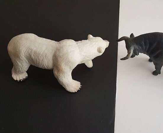 Animal figurines representing competition or conflict in a financial context.