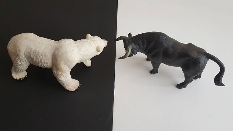 Animal figurines representing competition or conflict in a financial context.