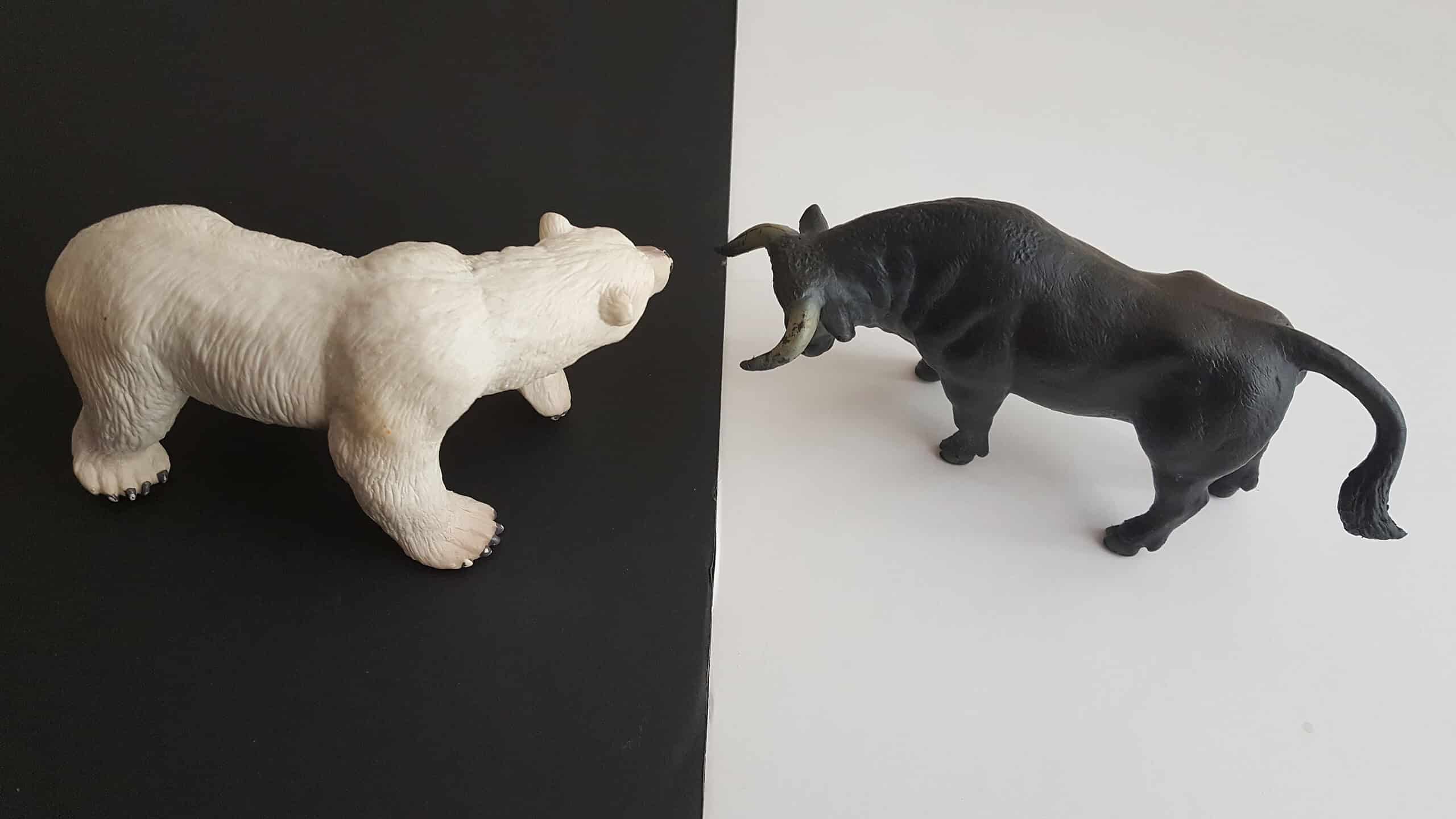 Animal figurines representing competition or conflict in a financial context.