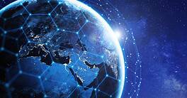 Communication technology with network around the world for internet, 5G cellular data connection, blockchain, IoT, finance or smart cities. Global satellite telecommunications. Elements from NASA.