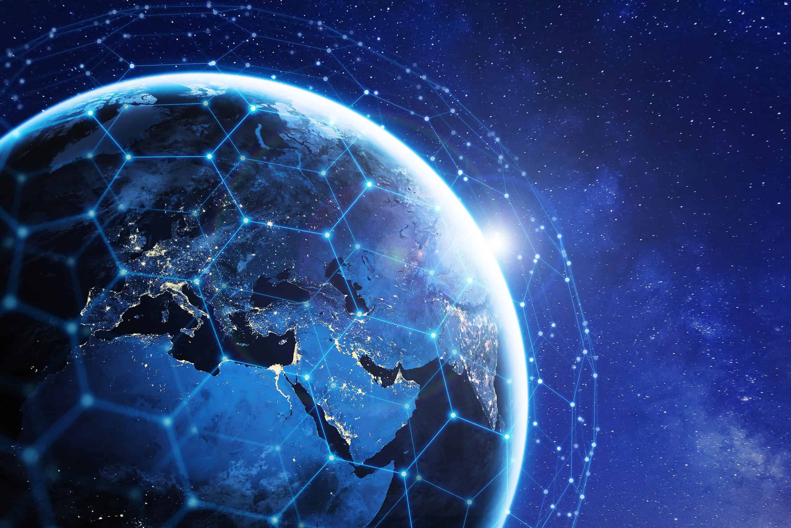 Communication technology with network around the world for internet, 5G cellular data connection, blockchain, IoT, finance or smart cities. Global satellite telecommunications. Elements from NASA.