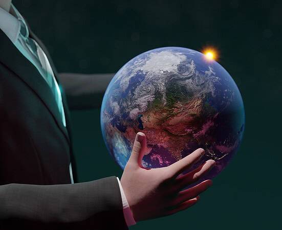 Business professional holding Earth with sunrise, global finance concept.