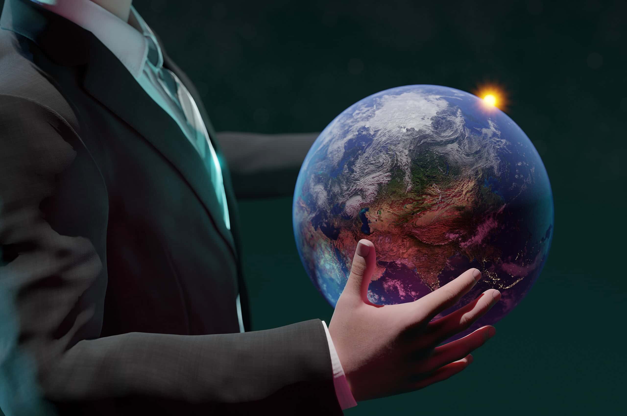 Business professional holding Earth with sunrise, global finance concept.