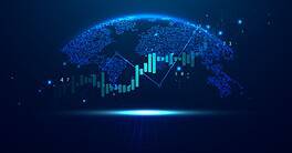 Abstract infographic visualization. Financial chart with uptrend line graphs and candlesticks. Futuristic network or business analytics. Graphic concept for your design.