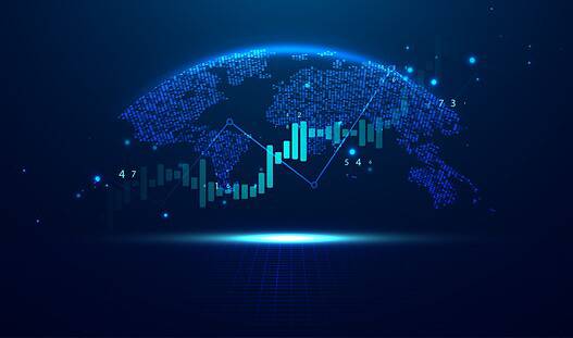 Abstract infographic visualization. Financial chart with uptrend line graphs and candlesticks. Futuristic network or business analytics. Graphic concept for your design.