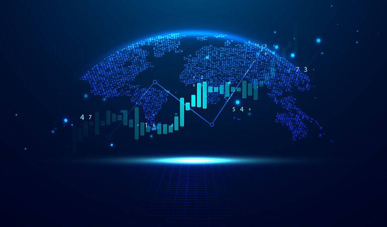 Abstract infographic visualization. Financial chart with uptrend line graphs and candlesticks. Futuristic network or business analytics. Graphic concept for your design.