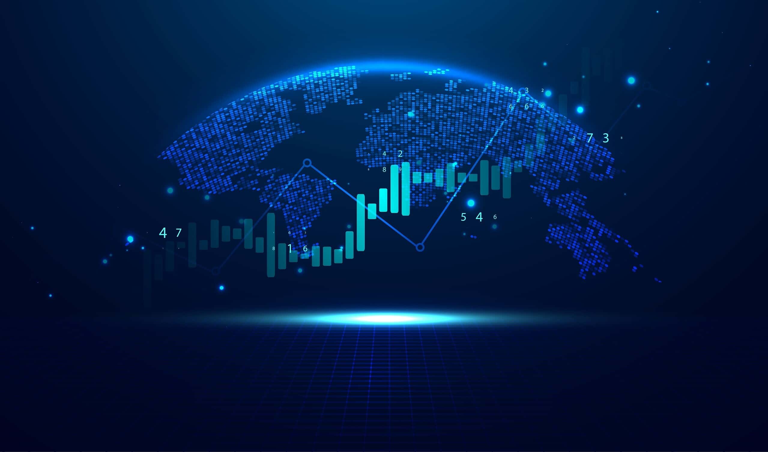 Abstract infographic visualization. Financial chart with uptrend line graphs and candlesticks. Futuristic network or business analytics. Graphic concept for your design.