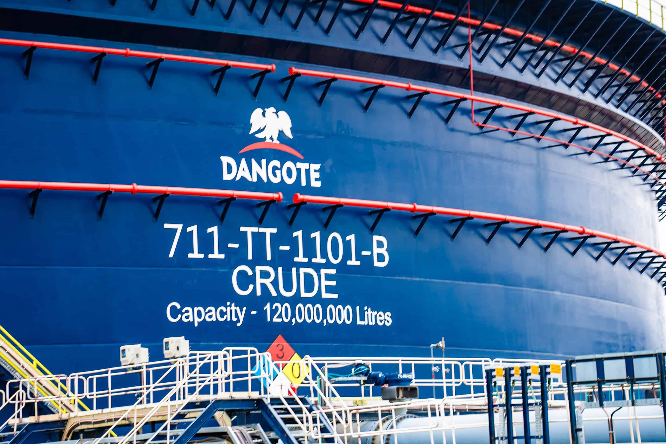 Oil tanker DANGOTE with capacity of 120 million liters docked at port.