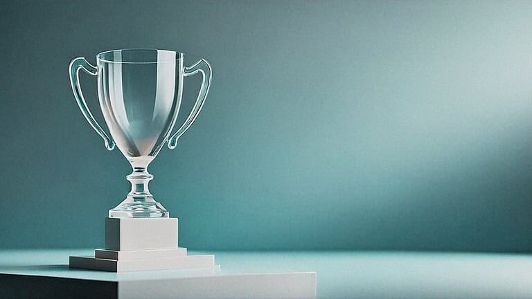 Trophy award symbolizing financial success and achievement, set against a minimalist background.