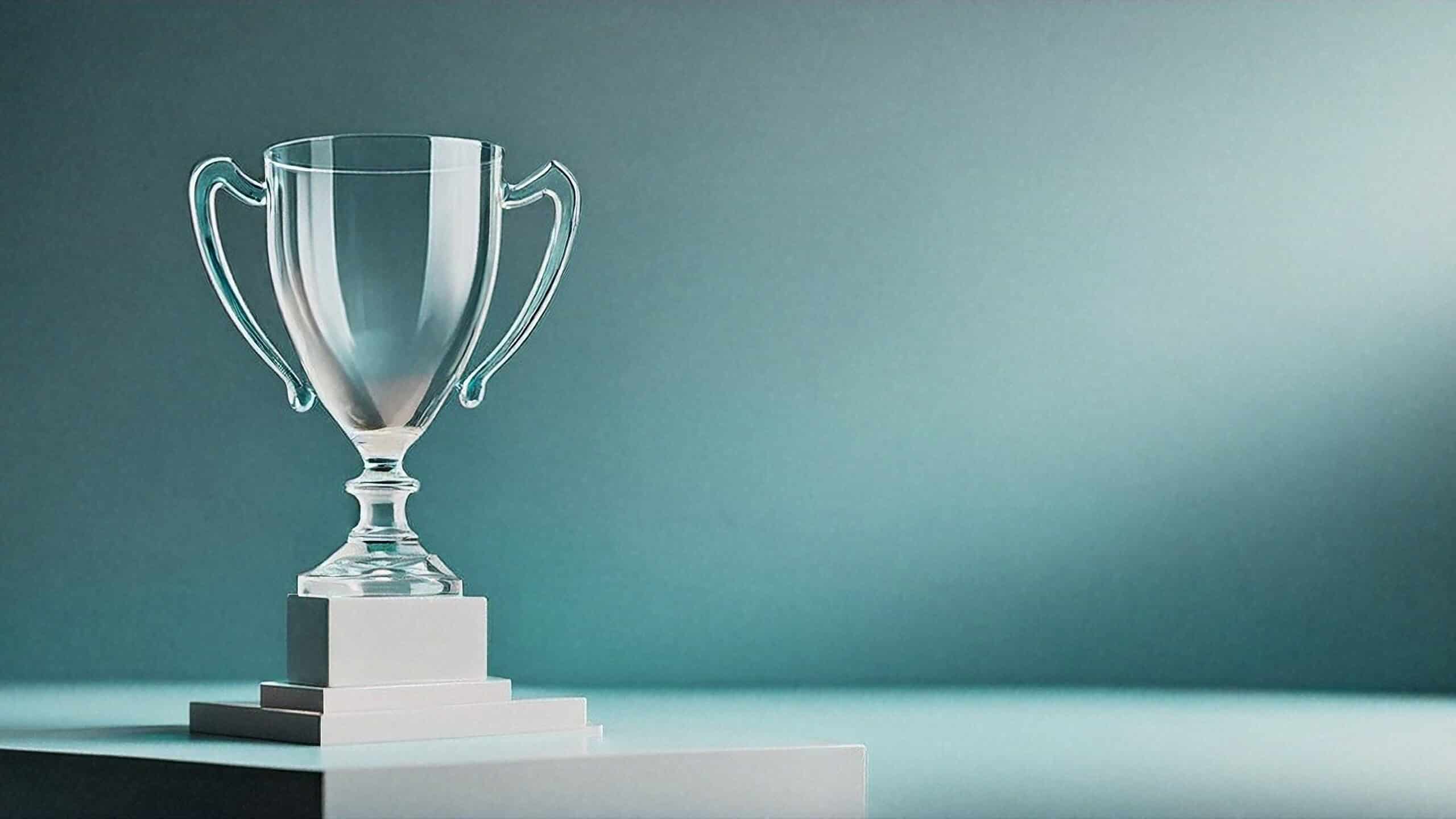 Trophy award symbolizing financial success and achievement, set against a minimalist background.