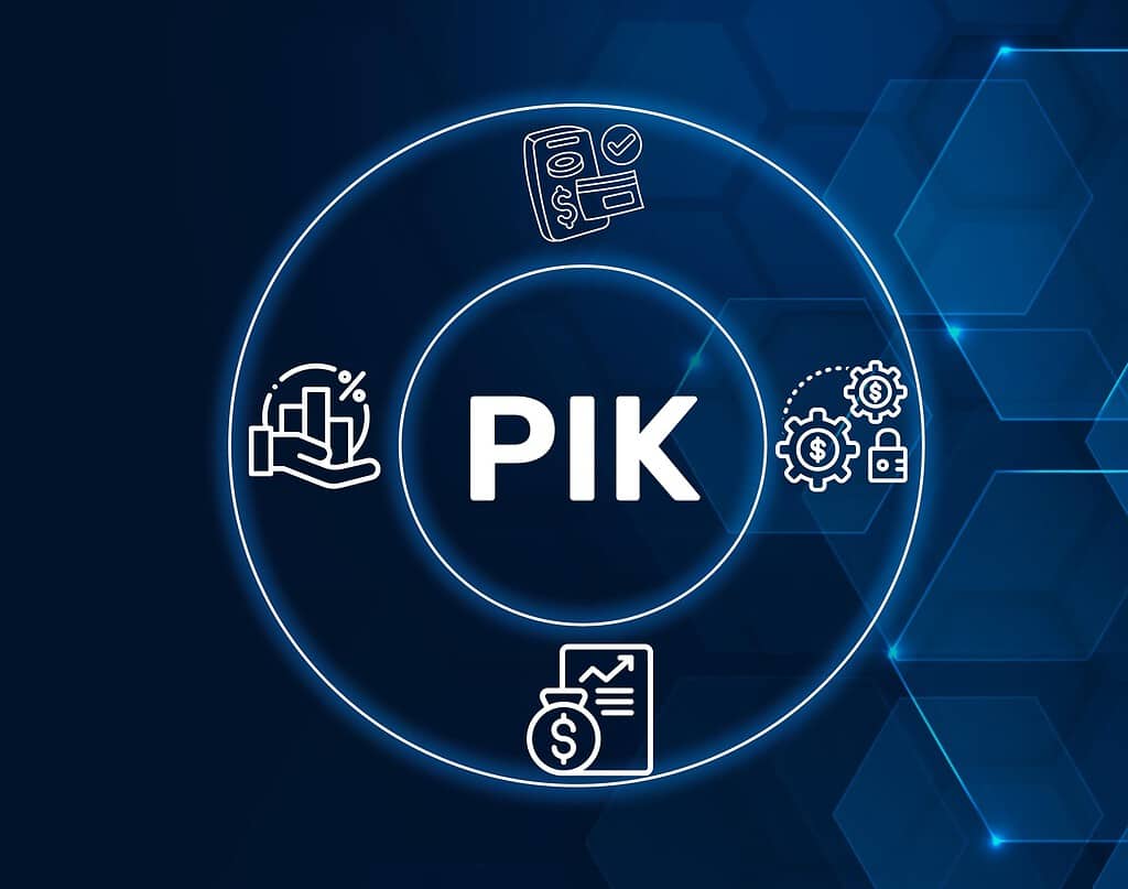 PIK Payment in Kind concept.A type of financing arrangement where interest or dividends are paid in the form of additional securities or assets, instead of cash