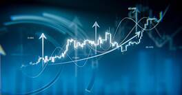 Rising candlestick chart on a blue background, financial market growth chart, rising stock and investment market, bullish chart with arrows and daigrams