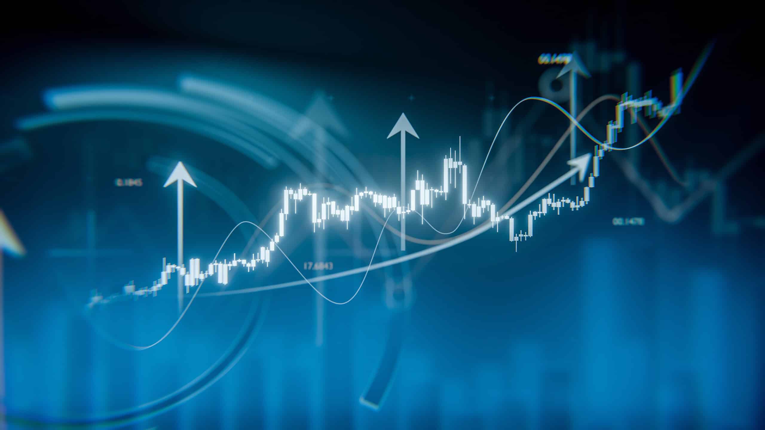 Rising candlestick chart on a blue background, financial market growth chart, rising stock and investment market, bullish chart with arrows and daigrams