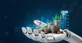 Robotic hand holding coins and financial growth charts for 2026.
