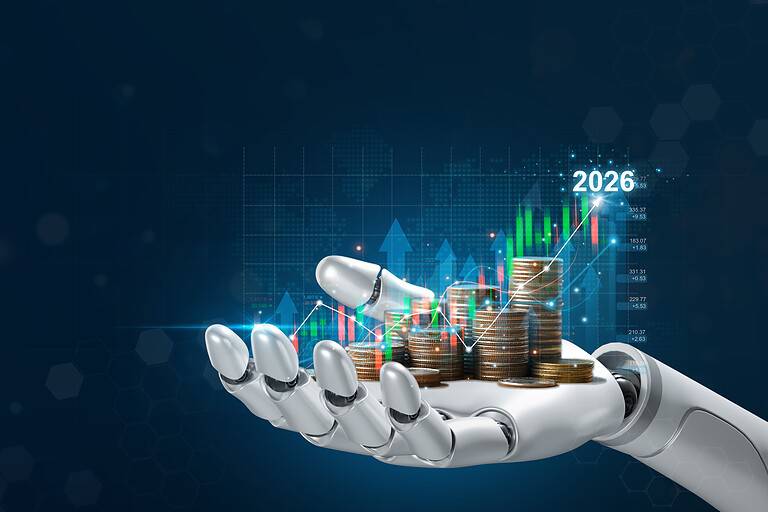 Robotic hand holding coins and financial growth charts for 2026.