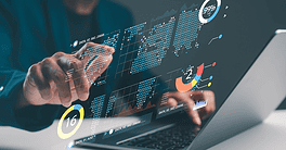 Abstract financial data analytics on a screen representing synthetic data and agentic AI models in banking.