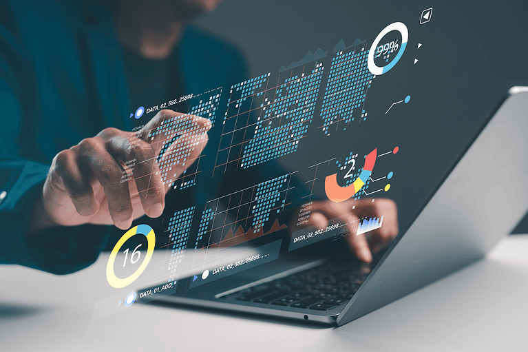 Abstract financial data analytics on a screen representing synthetic data and agentic AI models in banking.