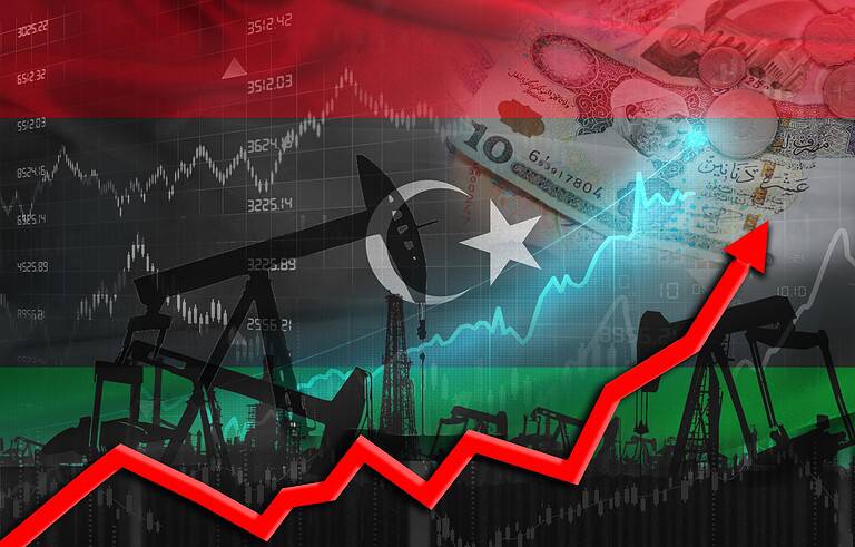 Oil production with Libya flag, petrol industry. Oil pumps with Libya flag