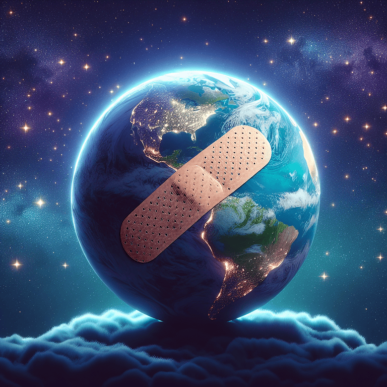 Earth with a bandage symbolizing global health or recovery.