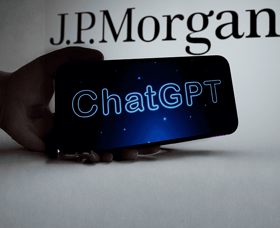 Istanbul, TURKEY- January 23, 2023: J.P. Morgan Logo On Computer Screen, Chatgpt Logo on Smart Phone Screen. Jp Morgan Chat Gpt Ban Idea. Selective Focus