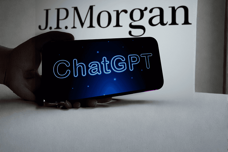 Istanbul, TURKEY- January 23, 2023: J.P. Morgan Logo On Computer Screen, Chatgpt Logo on Smart Phone Screen. Jp Morgan Chat Gpt Ban Idea. Selective Focus