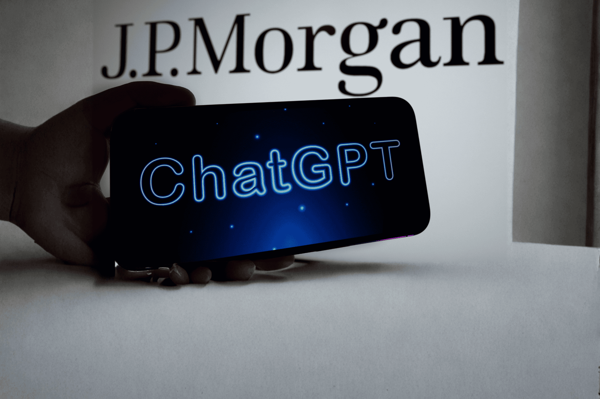 Istanbul, TURKEY- January 23, 2023: J.P. Morgan Logo On Computer Screen, Chatgpt Logo on Smart Phone Screen. Jp Morgan Chat Gpt Ban Idea. Selective Focus