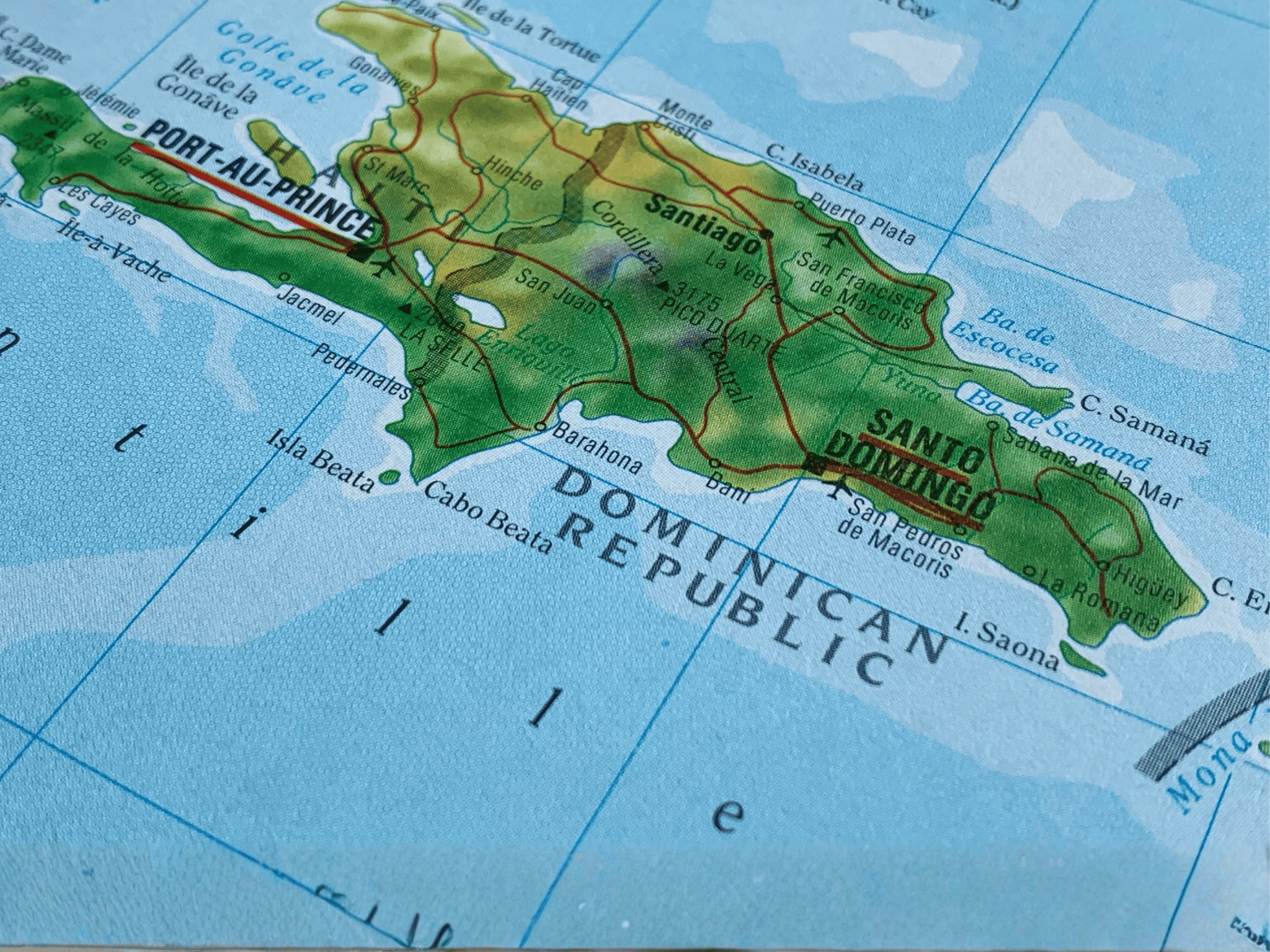 Haiti, Dominican Republic, a map from an atlas, suitable to illustrate travel destinations, tourism topics and world economy, trade and politics backgrounds