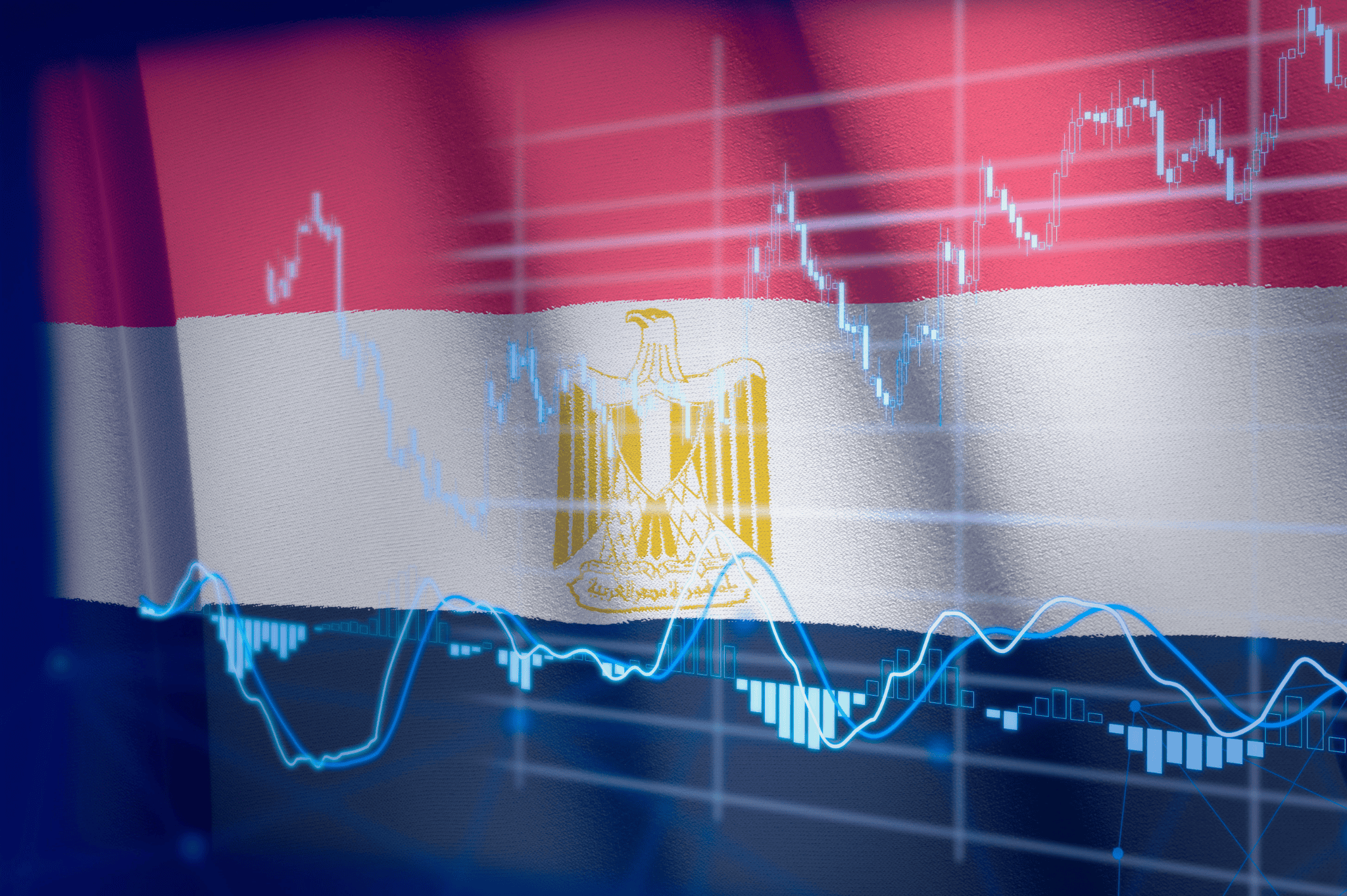 Businessman touching data analytics process system with KPI financial charts, dashboard of stock and marketing on virtual interface. With Egypt flag in background.