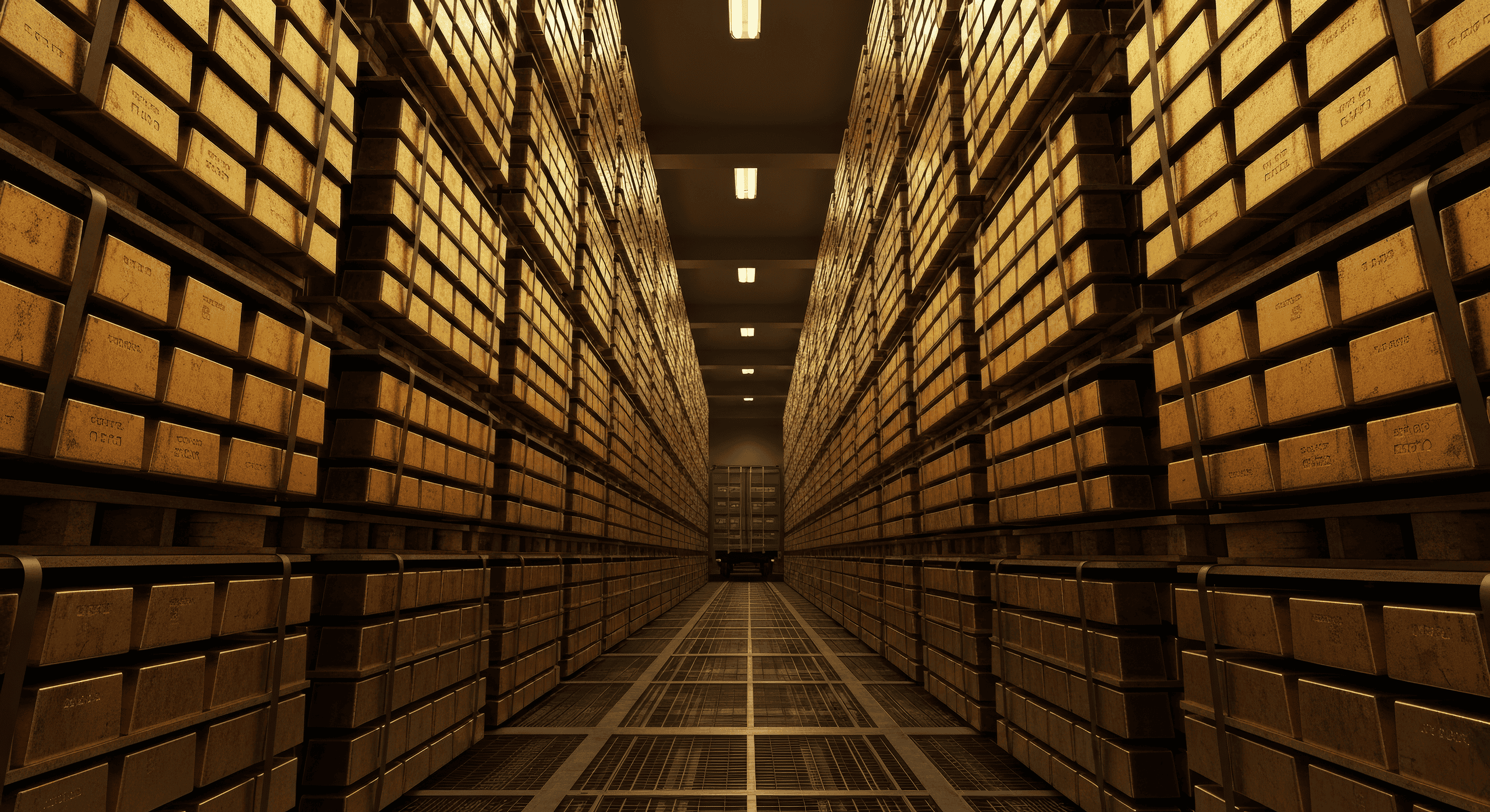 Rows of gold bars in a secure vault.