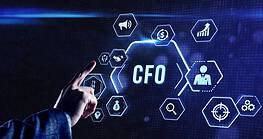 CFO pointing at digital interface with AI and finance icons.