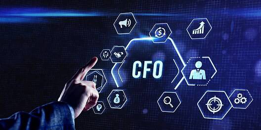 CFO pointing at digital interface with AI and finance icons.