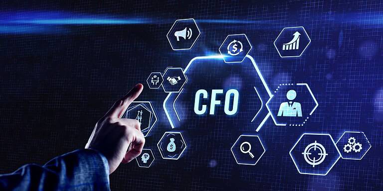 CFO pointing at digital interface with AI and finance icons.