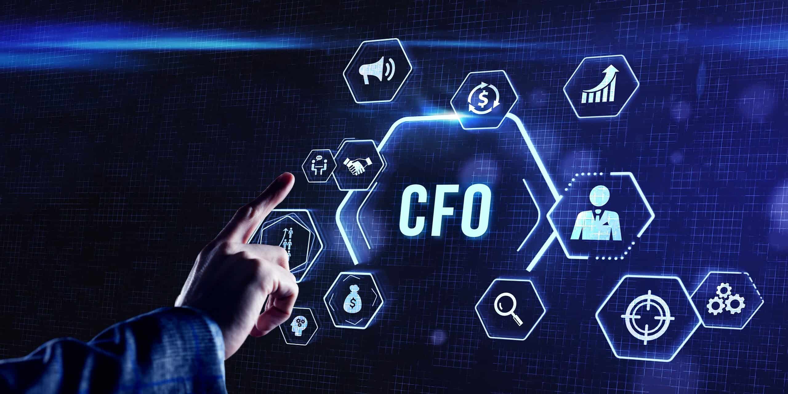 CFO pointing at digital interface with AI and finance icons.